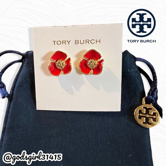 New Tory Burch Fleur Logo Flower Studs Post Earrings Red/Gold - Picture 6 of 7